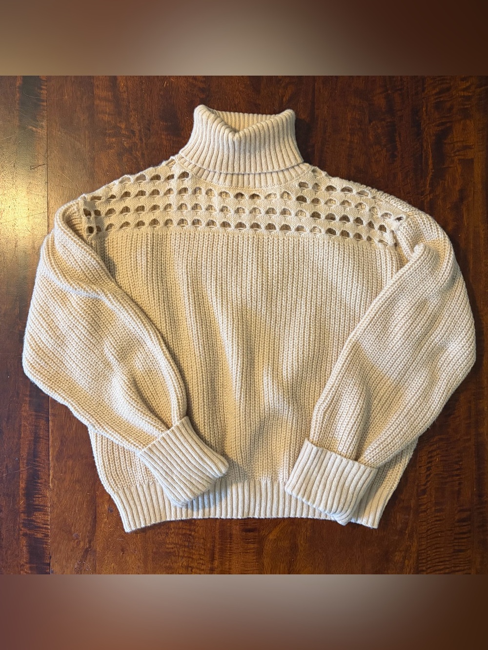 Turtleneck Open-Knit Women's Med Long Sleeve Oversized Sweater Light Beige Cream